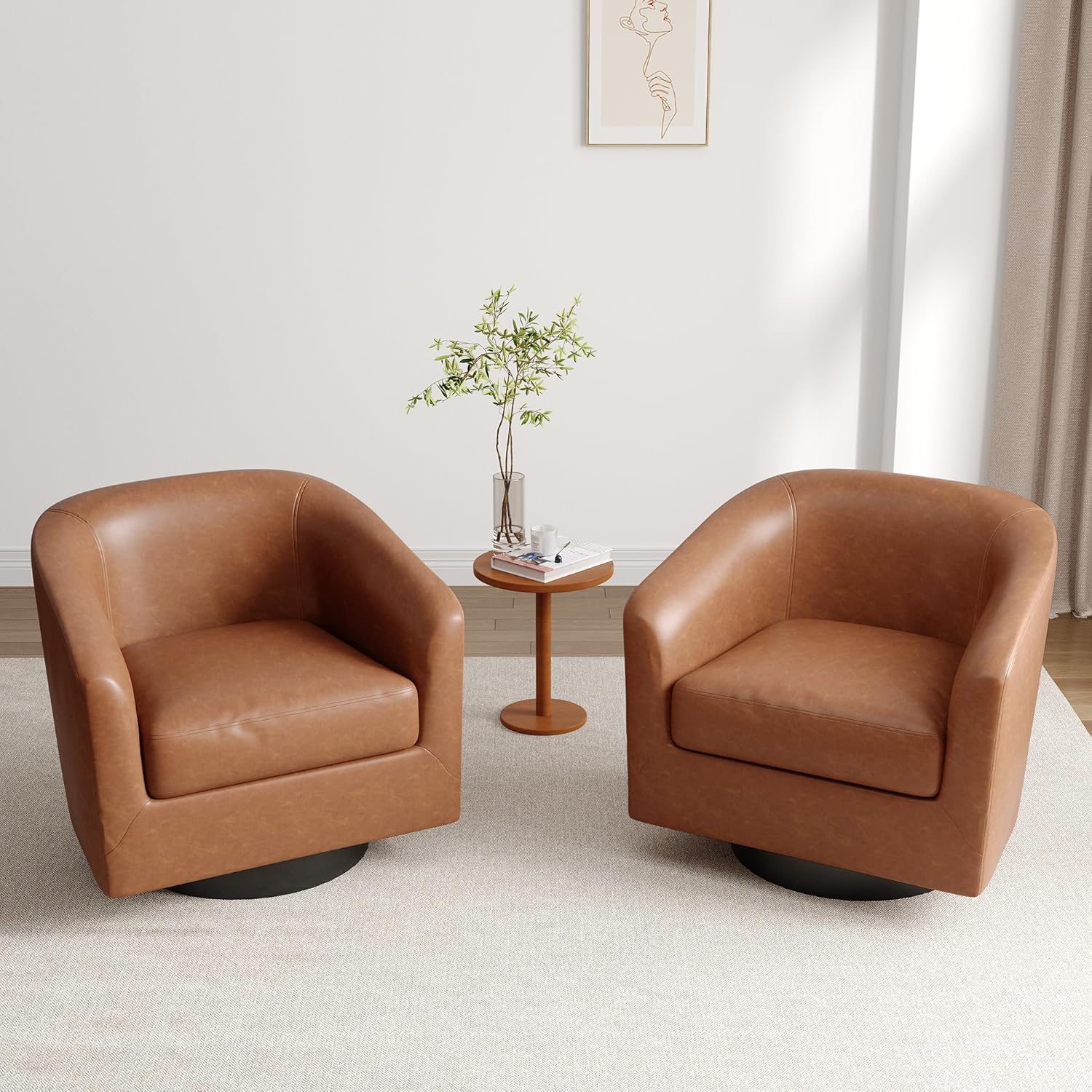 Lumibee Faux Leather Swivel Barrel Chairs Set of 2, Upholstered Comfy Round Swivel Accent Chair, 360° Rotation Single Sofa Club Armchair for Living Room, Reading Room, Bedroom, Brown