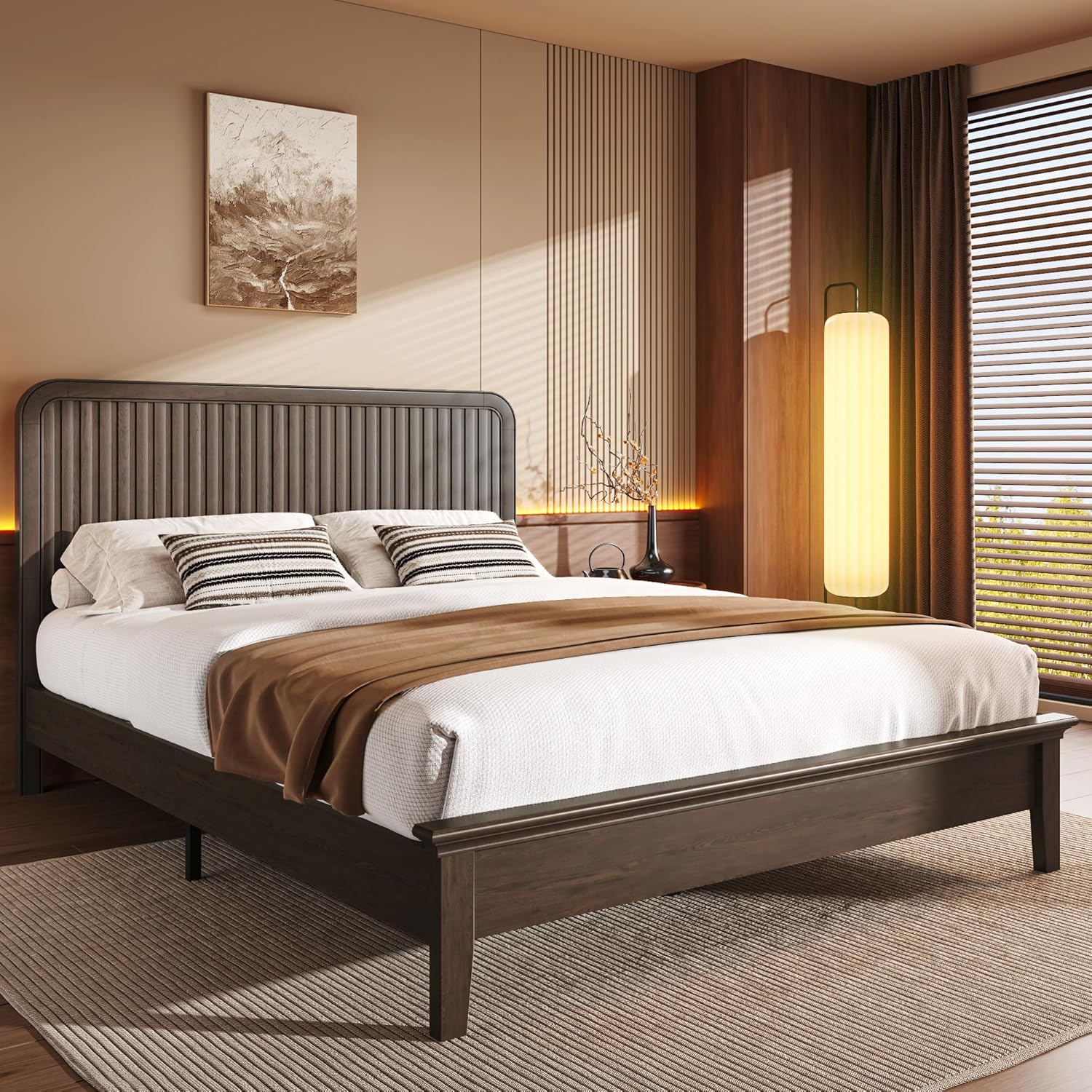 Lifezone Wood Queen Bed, Solid Wood Bed with Flutted Headboard, American Vintage Design, Slats Support, Noise-Free, Sturdy Structure, Easy Assembly, Walnut