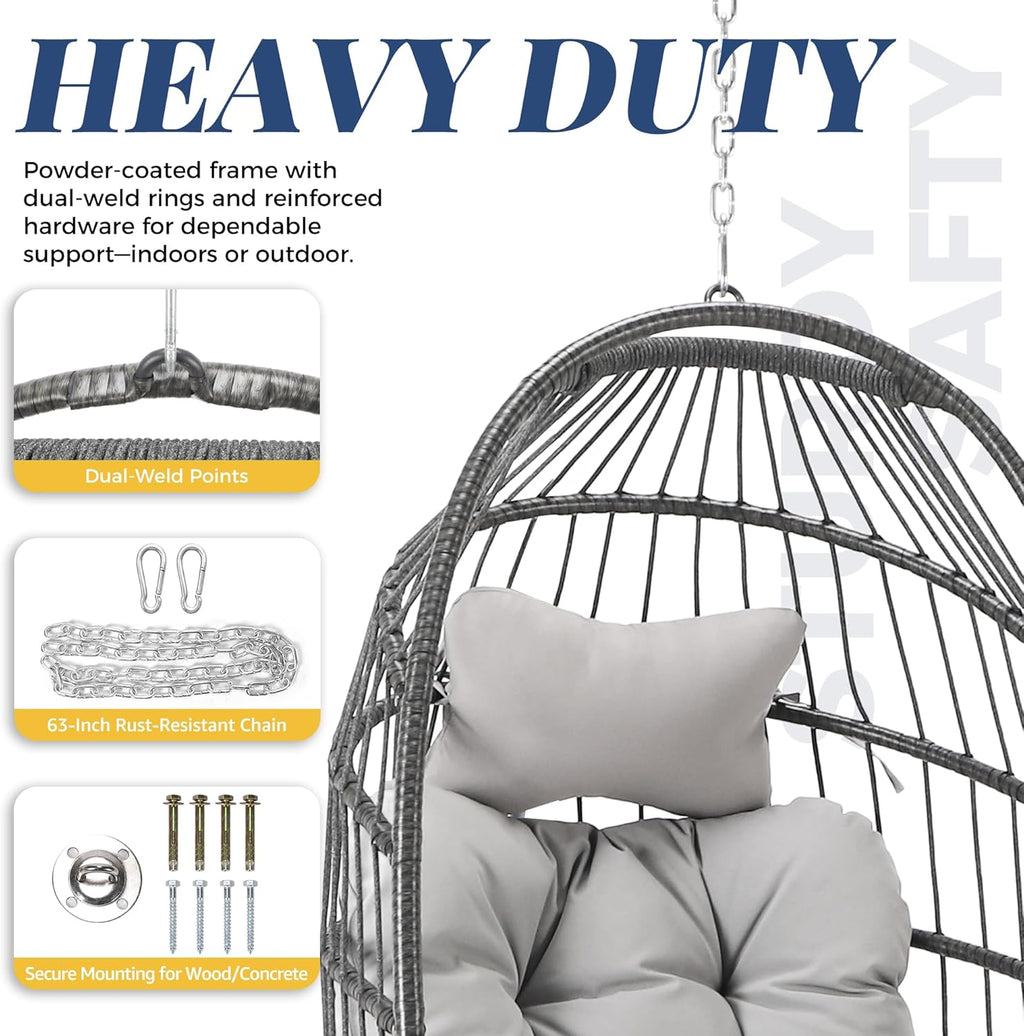 BULEXYARD Outdoor Swing Egg Chair No Stand, Folding Wicker Rattan Ceiling Hanging Patio Chairs, 350 Lbs Sturdy Hammock Basket Seat with Cozy Cushion for Backyard Pergola Living Room, Light Grey