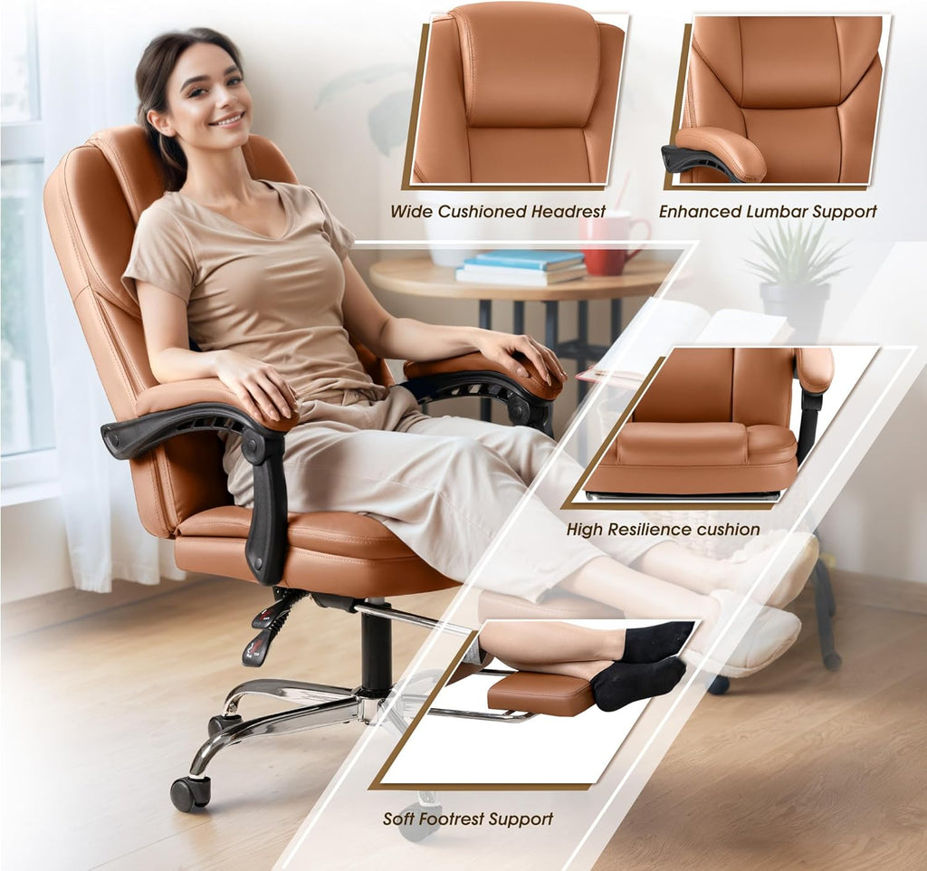 Furmax Executive Office Chair with Foot Rest Big and Tall Office Chair Ergonomic Home Office Desk Chairs Reclining High Back Leather Chair with Lumbar Support, 400LBS (Brown)