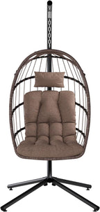 SWITTE Egg Chair Outdoor with Stand, Indoor Wicker Hanging Egg Swing Chair with Cushion, 350lbs Capacity for Patio, Bedroom, Garden - Brown