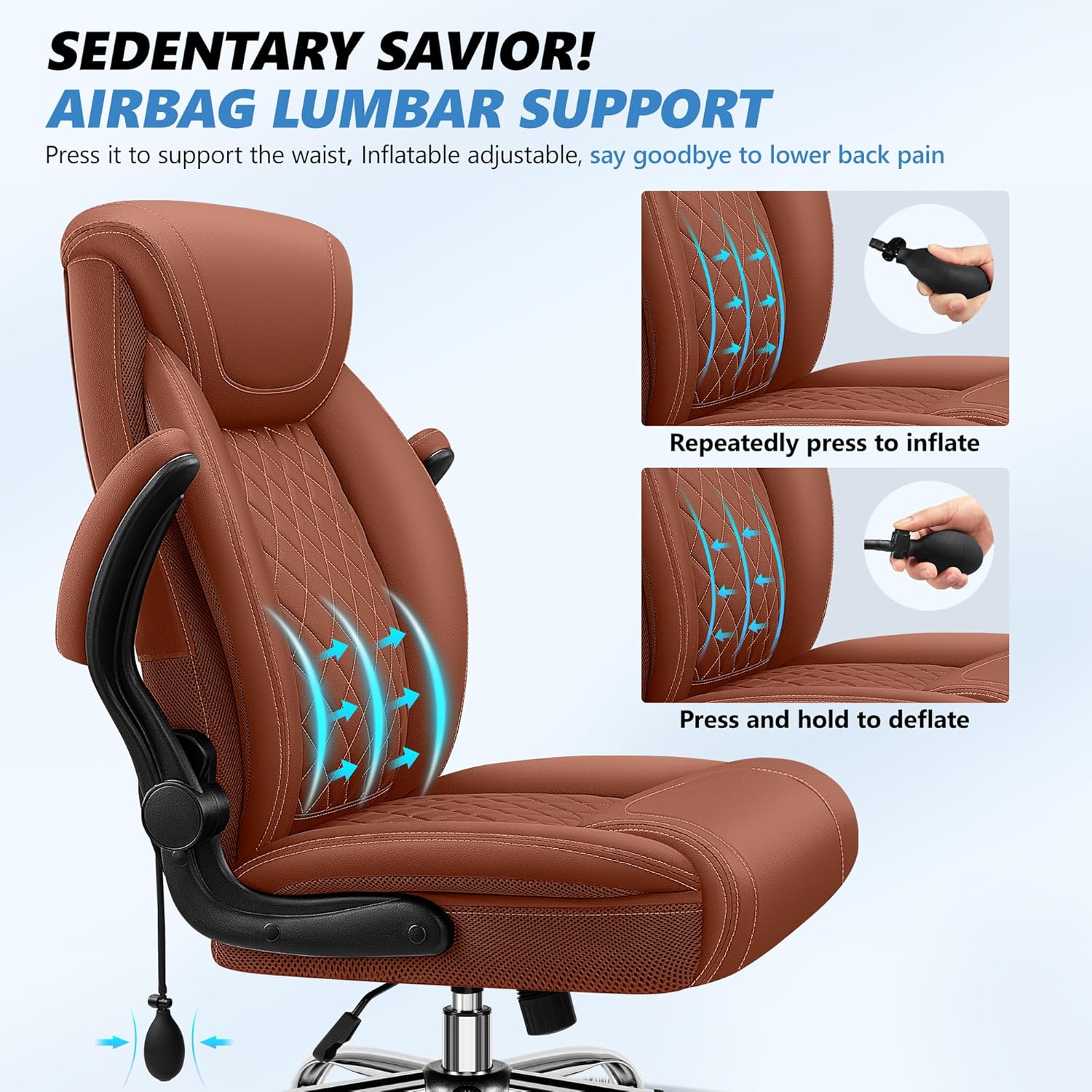 Office Chair, Big and Tall Ergonomic Desk Chair, Executive Leather Computer Chair with Adjustable Lumbar Support, Comfy Gaming Chair with Flip Up Arms, Swivel PC Chair with Rocking Function, Brown