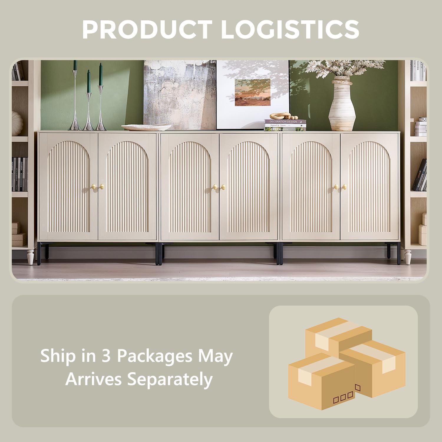 Modern TV Stands for 80 Inch TV, 92.63" W Wood Entertainment Center w/Adjustable Shelves, Mid Century Modern TV Stand w/Arched Fluted Doors, Media Console Cabinet for Living Room, Cream
