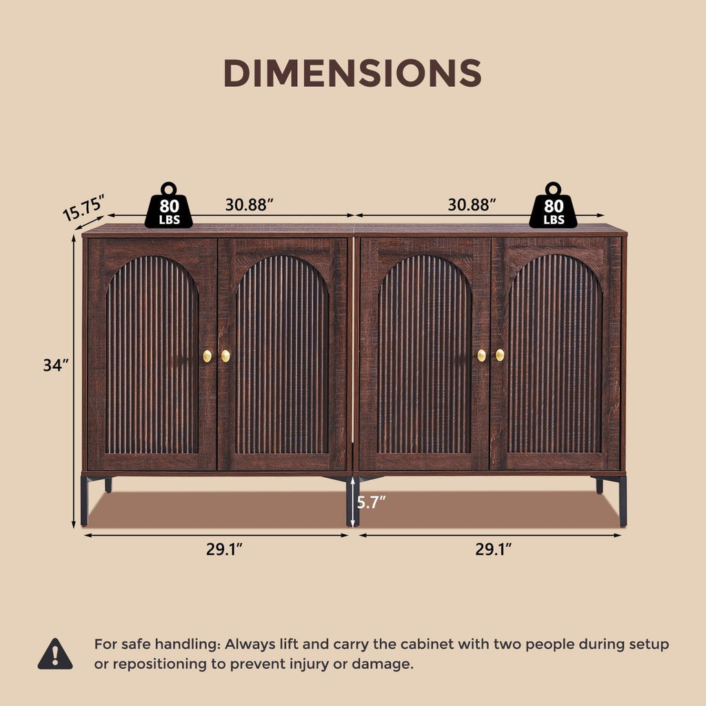 Modern TV Stands for 75 Inch TVs, 61.75‬"W Wood Entertainment Center w/Adjustable Shelves, Mid Century Modern TV Stand w/Arched Fluted Doors, Media Console Cabinet for Living Room, Brown