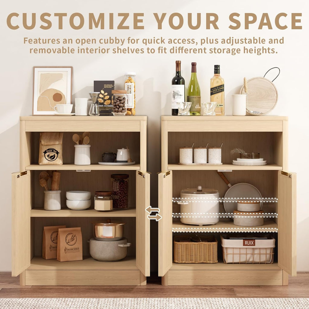 Fluted Buffet Cabinet with Storage, Small Coffee Bar Cabinet with Doors & Adjustable Shelves, Wood Storage Cabinet for Kitchen, Living Room, Entryway, Oak
