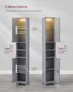 VASAGLE Tall Storage Cabinet with Lights, Slim Freestanding Cabinet with Adjustable Shelves, for Small Spaces, Bathroom, Living Room, Modern, 11.8 Inches Wide, Dove Gray UBBC566G02