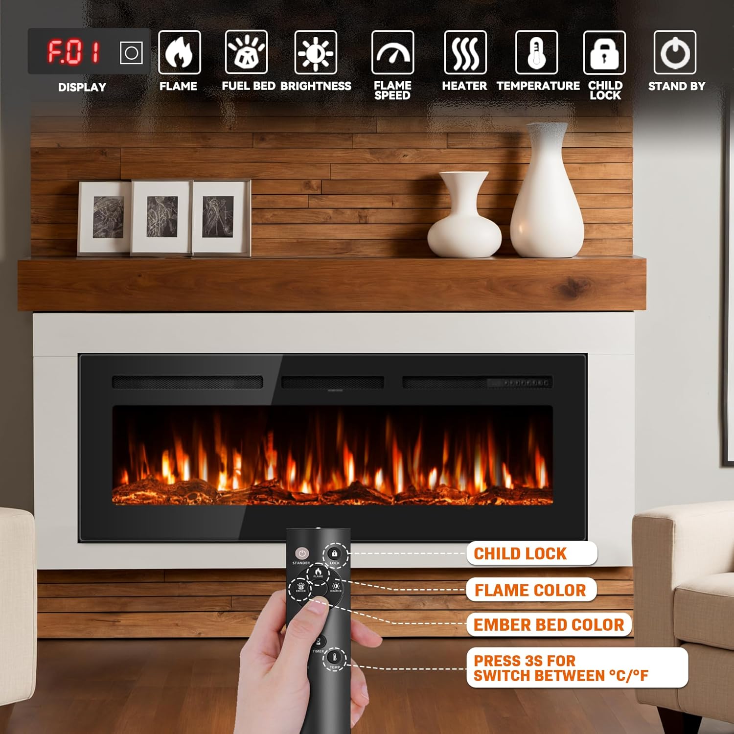 Manastin 60" Ultra-Thin Electric Fireplace Recessed and Wall Mounted with Remote Control, 12 Adjustable Color Fireplace Heater(60-99°F Thermostat), Low Noise, Timer, Child Lock