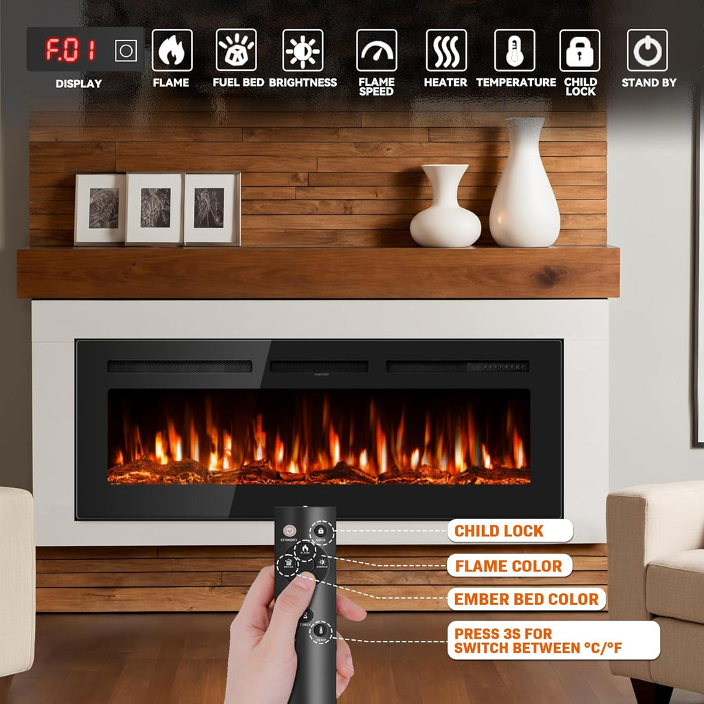 Manastin 60" Ultra-Thin Electric Fireplace Recessed and Wall Mounted with Remote Control, 12 Adjustable Color Fireplace Heater(60-99°F Thermostat), Low Noise, Timer, Child Lock
