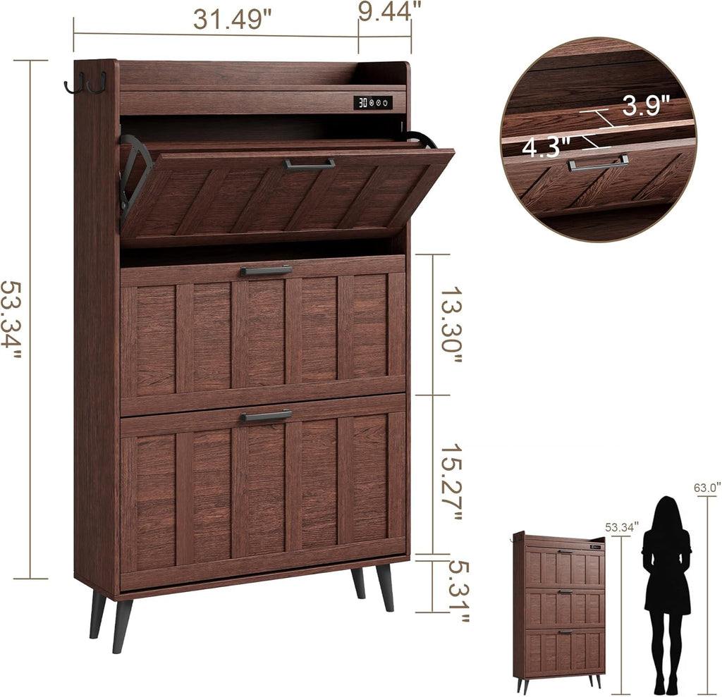 ChooChoo Shoe Storage Cabinet with 3 Flip Drawers, Deodorizing Shoe Organizer Storage for Entryway, Freestanding Hidden Slim Narrow Shoe Rack Cabinet, Walnut