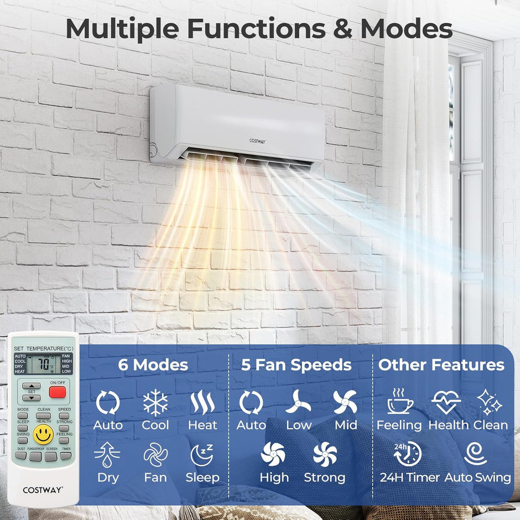 COSTWAY 30k Quad 4 Zone Mini Split Air Conditioner, 23 SEER2, 9k+9k+9k+12k BTU, 208-230V, Wifi Enabled Multi Zones Mini Split AC Heat Pump Full Set, Ductless Energy Star