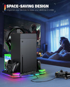 Top Auto Cooling Fan & Charge Stand for Xbox Series X Console with 11 Light Modes, Accessories Controller Wireless Charger Dock, 2*1400mAh Rechargeable Batteries, Headset Stand & Game Disc Storage