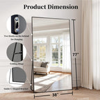 Full Length Mirror, 77"x38" Large Floor Mirror with Stand, Tall Full Body Mirrors for Bedroom, Hanging Mounted for Living Room Cloakroom, Aluminum Alloy Frame, Black