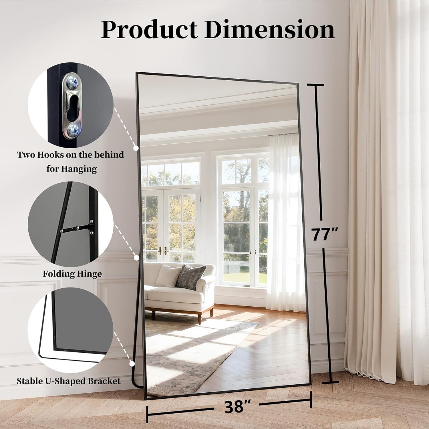 Full Length Mirror, 77"x38" Large Floor Mirror with Stand, Tall Full Body Mirrors for Bedroom, Hanging Mounted for Living Room Cloakroom, Aluminum Alloy Frame, Black