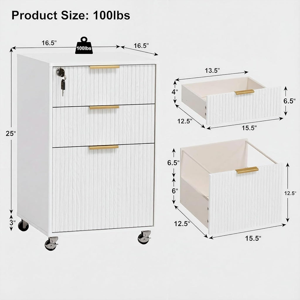 3 Drawers Fluted Mobile File Cabinet with Lock, Rolling File Cabinet Printer Stand Table, Under Desk Wooden Filing Cabinets for Home Office Essentials Storage Organization Furniture Letters/A4(White)