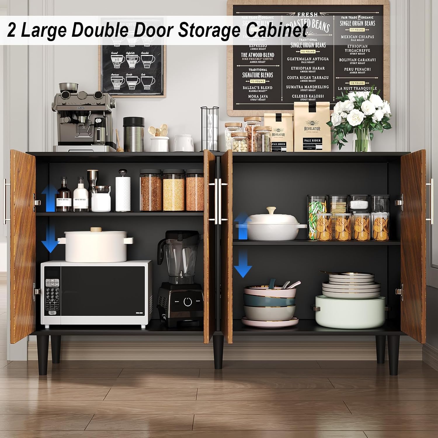 4 EVER WINNER 58" Buffet Cabinet with Storage, Coffee Bar Cabinet with 4 Large Doors, Storage Cabinet with Adjustable Shelves for Living Room, Kitchen, Black