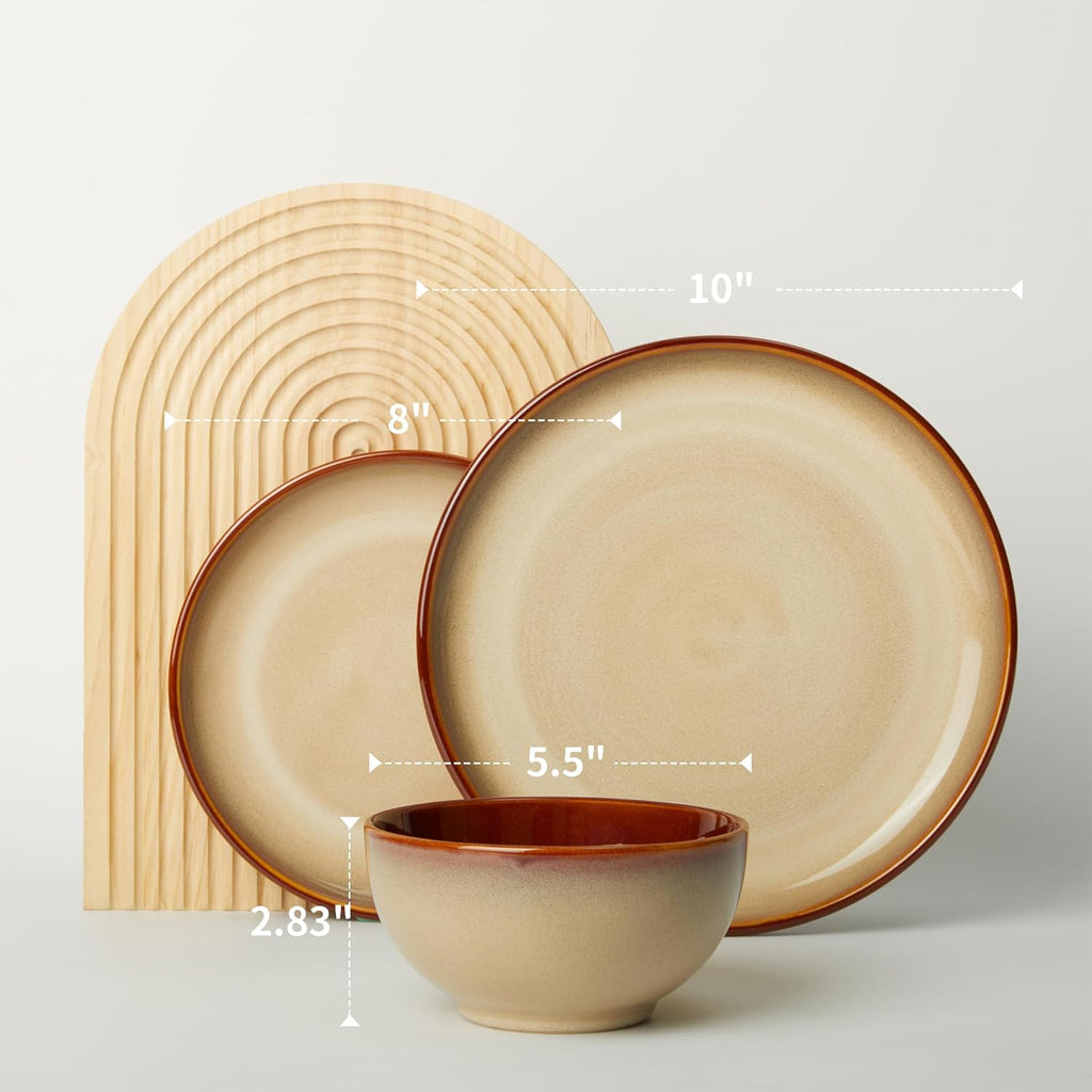 Pokini Ceramic Dish Set for 6, 18 Piece Dinnerware Set for Small to Medium Families, Reactive Glaze Design, Dishwasher & Microwave Safe, Brown Yellow