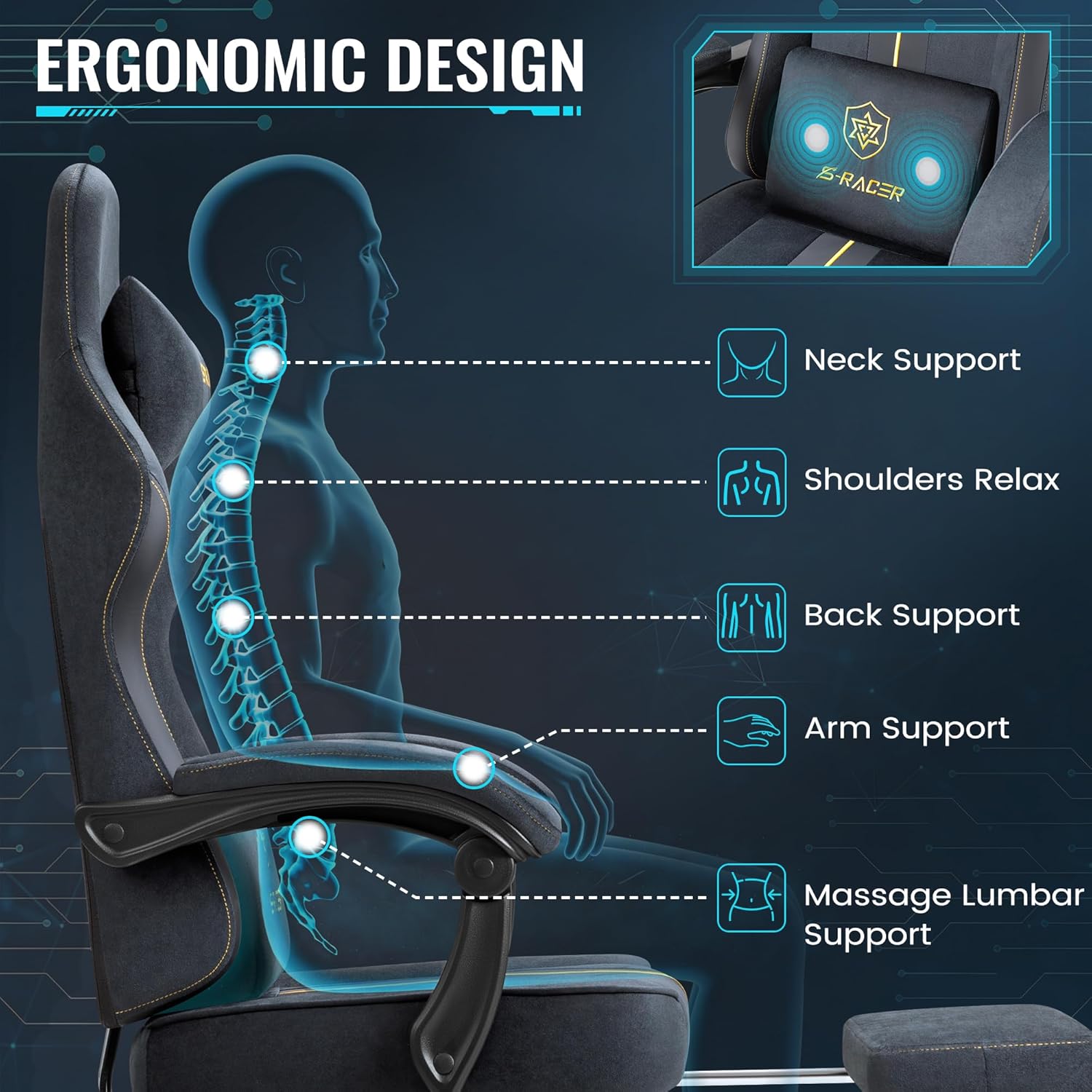 Homall Gaming Chair with Massage & Footrest, Ergonomic Computer Office Chair, High-Back Racing Style Reclining Chair with Adjustable Lumbar Support, Breathable Tech Fabric for Adults (Dark Black)