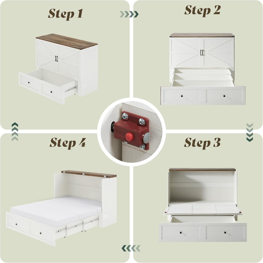 Queen Murphy Bed with 6" Tri-Fold Memory Foam Mattress, Storage Drawer & Charging Station, Space-Saving Design for Home Office or Guest Room, White