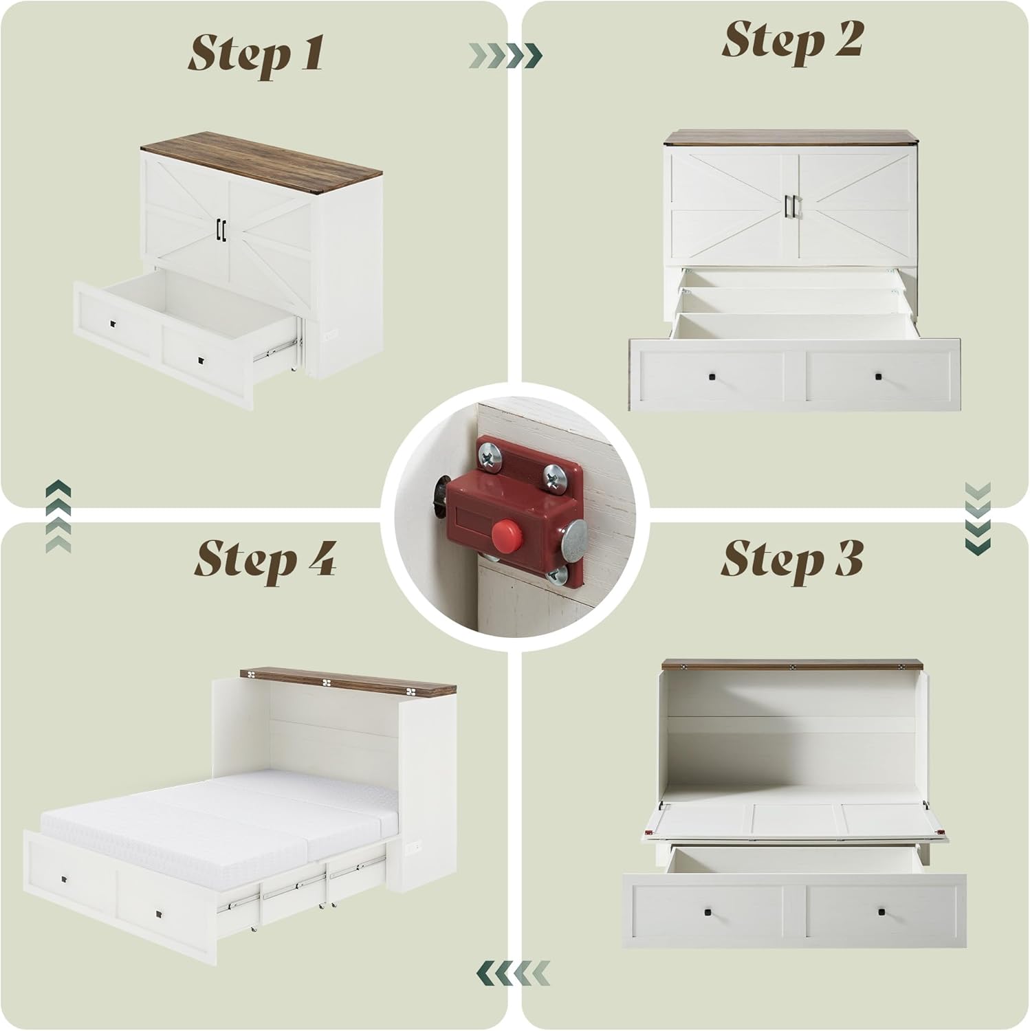 Queen Murphy Bed with 6" Tri-Fold Memory Foam Mattress, Storage Drawer & Charging Station, Space-Saving Design for Home Office or Guest Room, White