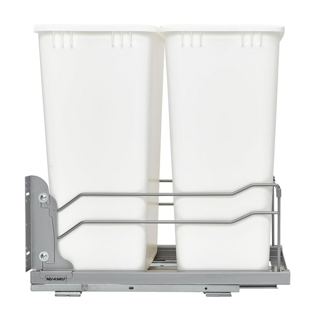 Rev-A-Shelf Double Pullout Trash Cans for Full Height Kitchen Cabinets 50 Quart 12.5 Gallon with Soft-Close Slides, White, 53WC-2150SCDM-211