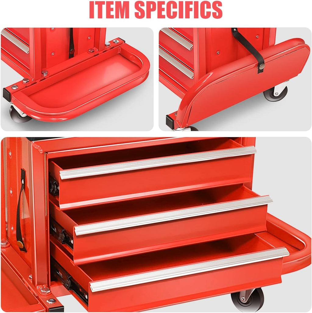 DNA Motoring TOOLS-00261 3-Drawer Tool Chest Rolling Mechanic Seat with Tool Trays,350lbs Max Weight Capacity,Red