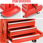 DNA Motoring TOOLS-00261 3-Drawer Tool Chest Rolling Mechanic Seat with Tool Trays,350lbs Max Weight Capacity,Red