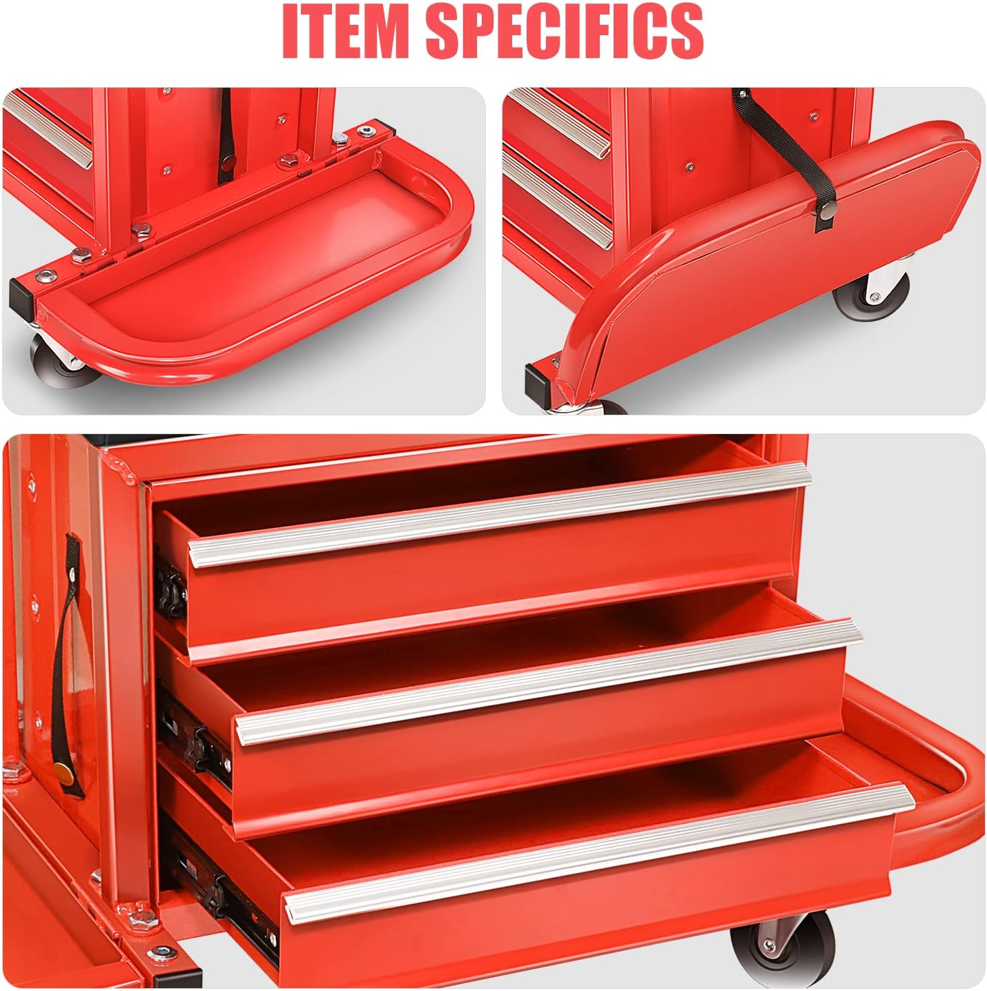 DNA Motoring TOOLS-00261 3-Drawer Tool Chest Rolling Mechanic Seat with Tool Trays,350lbs Max Weight Capacity,Red