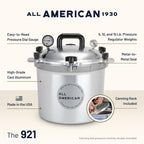 All American 1930: 21.5qt Pressure Cooker/Canner (The 921) - Exclusive Metal-to-Metal Sealing System - Easy to Open & Close - Suitable for Gas, Electric, or Flat Top Stoves - Made in the USA