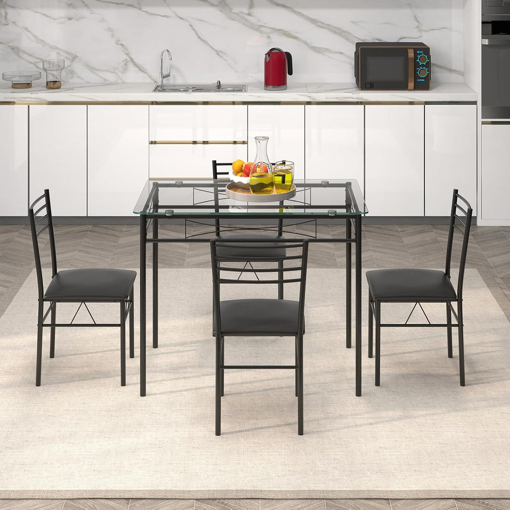 Giantex 5 Piece Dining Table Set, Kitchen Dining Set with Tempered Glass Table Top and 4 Upholstered Chairs, Dinette Set for 4 for Breakfast Nook Dining Room Kitchen (Black)