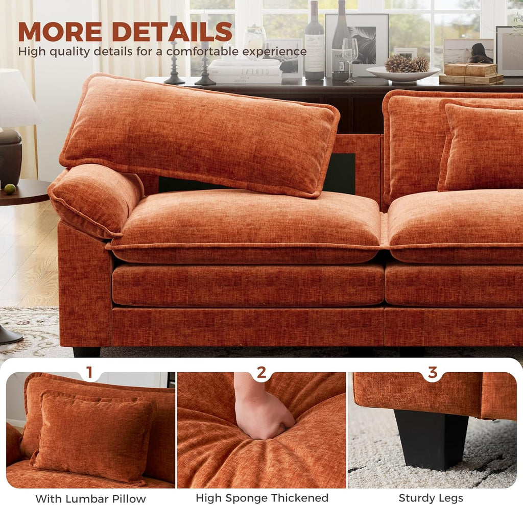 CDCASA 86" Modular Sectional Sofa, Comfy L-Shaped Cloud Couch with Movable Ottoman, 3-Seater Chenille Deep Seat Modern Sofa Couch for Living Room, Terracotta Orange