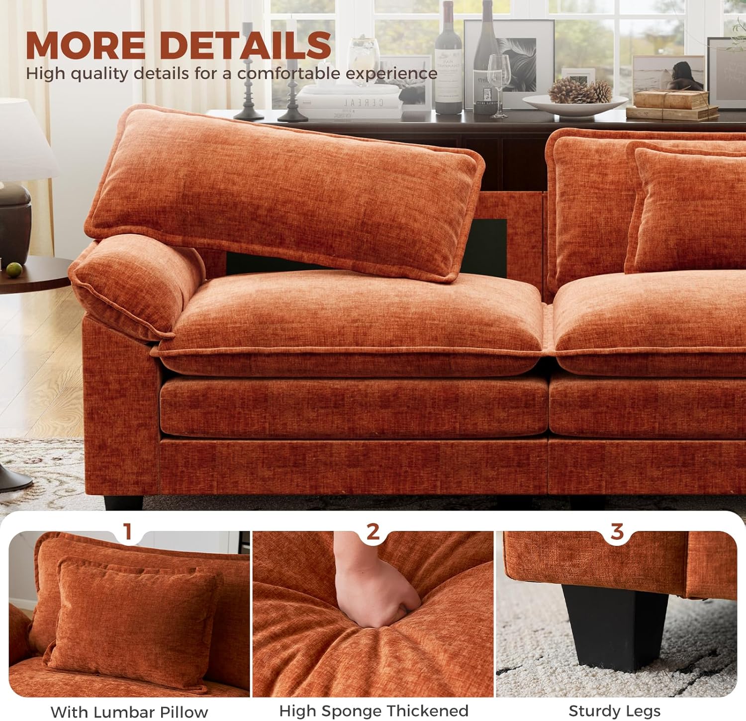 CDCASA 86" Modular Sectional Sofa, Comfy L-Shaped Cloud Couch with Movable Ottoman, 3-Seater Chenille Deep Seat Modern Sofa Couch for Living Room, Terracotta Orange
