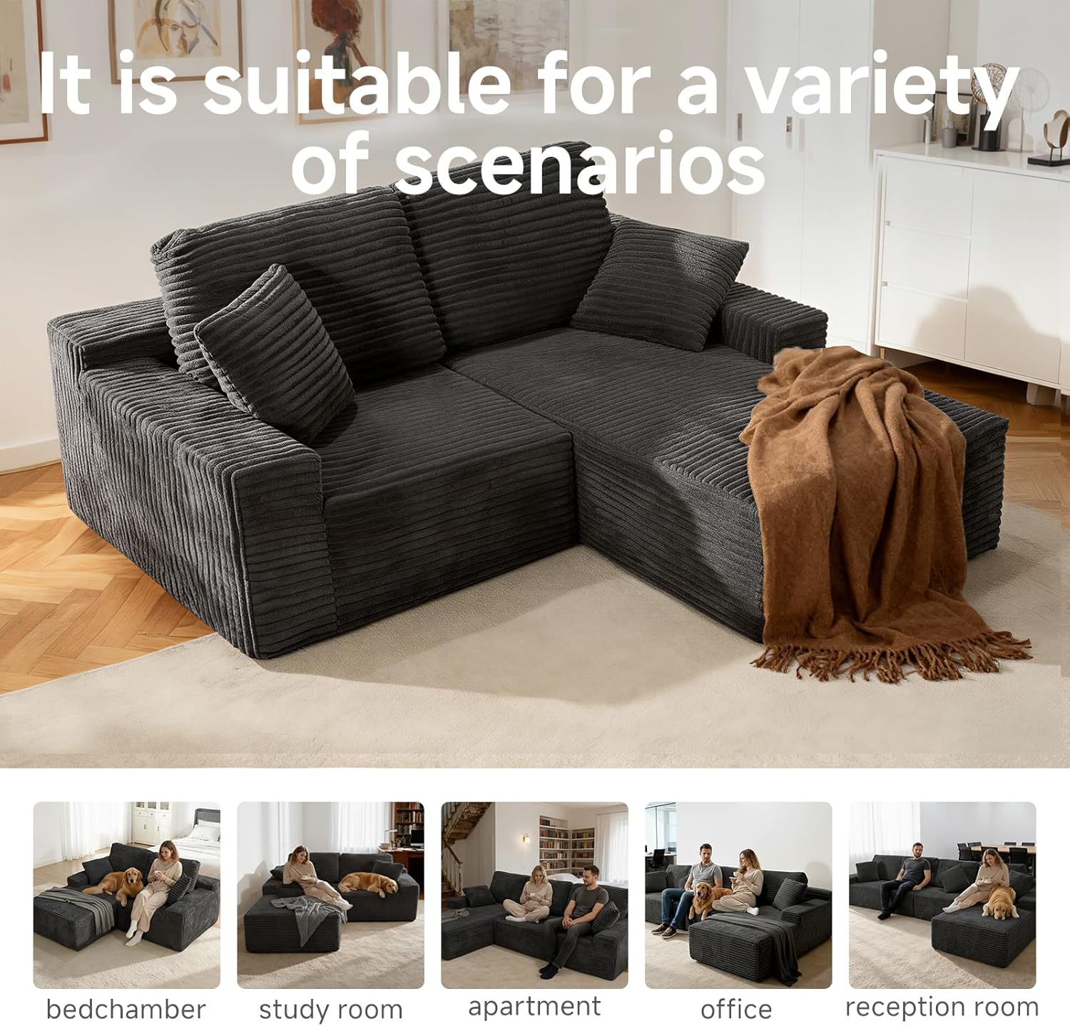 75" Cloud Modular Boneless Couch, L-Shaped Right Facing Chaise Sectional Sofa, Deep Seat Plush Corduroy Upholstery - Memory Foam Comfy Fluffy Couches for Living Room Bedroom, No Assembly Required