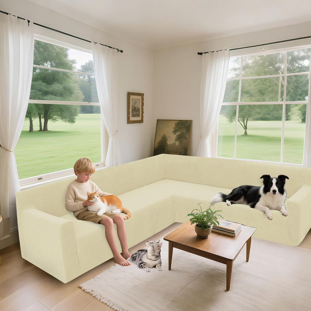 Arfntevss Stretch Sectional Couch Covers L Shaped Corner Sectional Sofa Cover Washable Jacquard Soft Fleece U Shape Sofa Slipcovers Anti Slip Furniture Protector for Dogs Pets (X-Large, Beige)