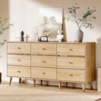 9 Drawer Dresser,63" Wide Mid Century Modern Chest of Drawers,Wooden Bedroom Drawer Dresser with 9 Storage Drawers for Bedroom, Living Room,with Anti-Tipping Device,Natural