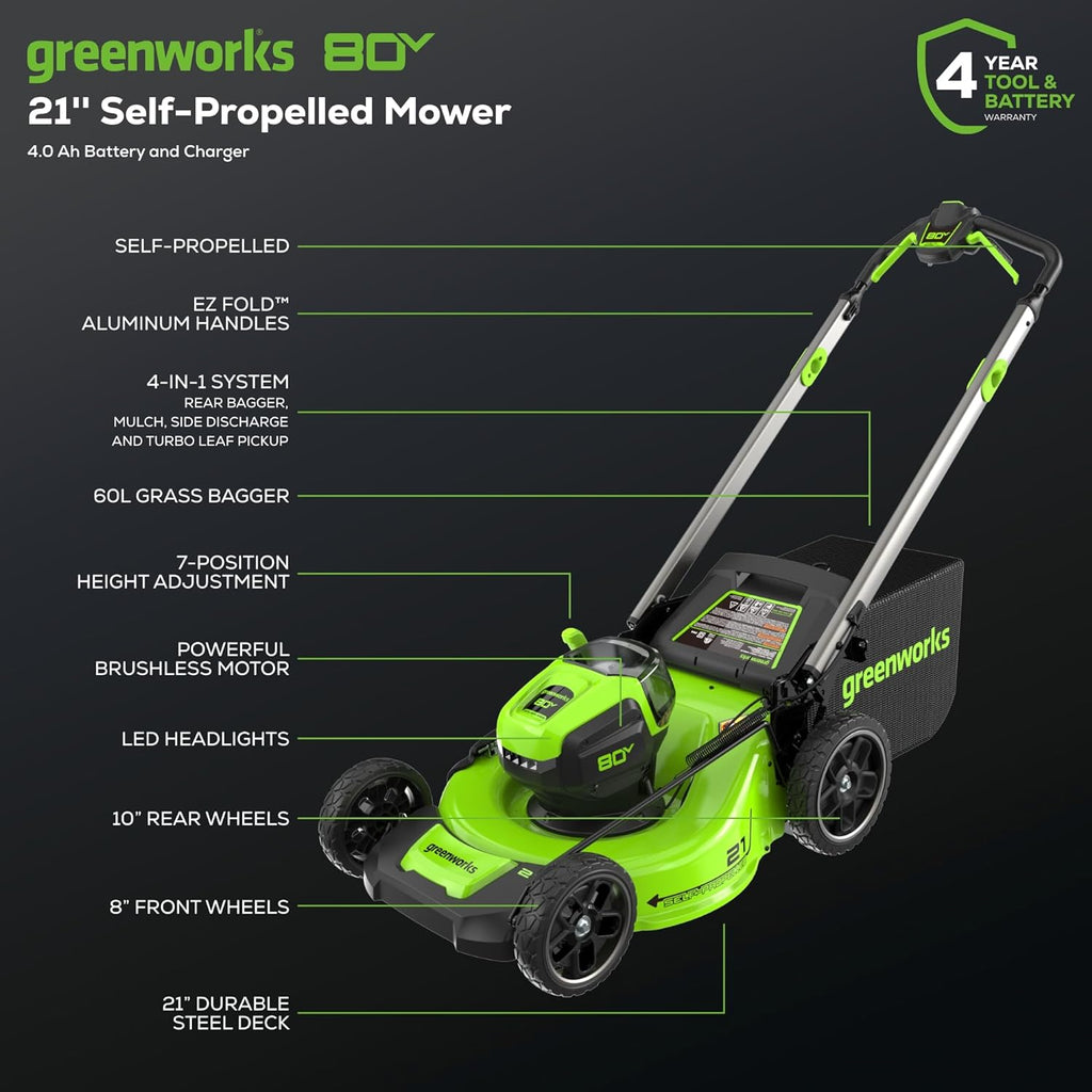 Greenworks 80V 21" Self-Propelled Cordless Lawn Mower – Brushless Motor  LED Lights  4.0Ah Battery & Rapid Charger (75+ Compatible Tools)