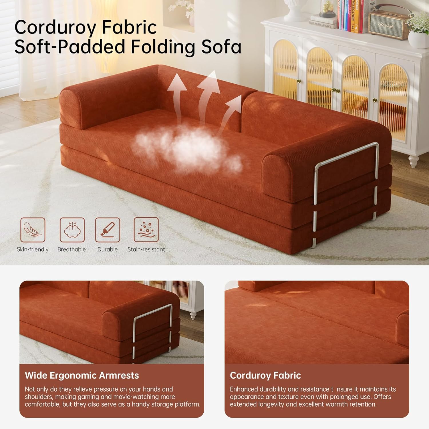 79” Convertible Sofa Bed, 35D High-Density Foam&Corduroy Fabric Sleeper Couch Bed, Fixed-Shape Frame & Removable Armrests,Modular Folding Small Loveseat Futo, Sectional Funto Couch for Small Spaces