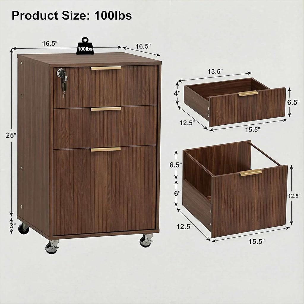 INNOD 3 Drawer Fluted Mobile File Cabinet with Lock, Rolling File Cabinet, Under Desk Wooden Filing Cabinets for Home Office (Walnut)
