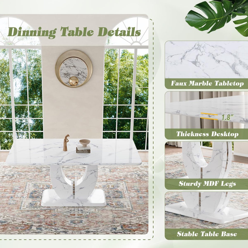 JUFU 63" Faux Marble Dining Table for 6, Modern Rectangular Kitchen & Dining Room Table, White Marble-Look MDF Top with U-Shaped Pedestal Base, Easy to Assemble