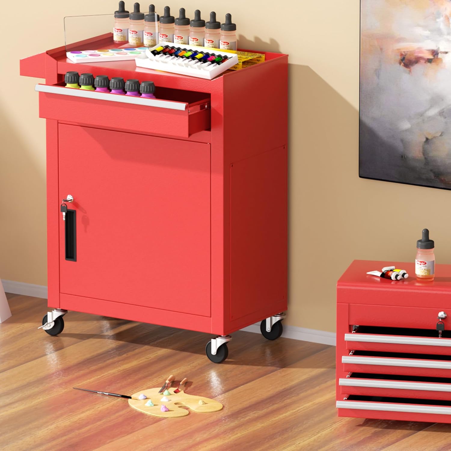 Greenvelly Tool Chest, 5-Drawer Rolling Tool Chest with Hooks and Lockable Wheels, Detachable Top Tool Box, Toolbox with Wheels, Rolling Tool Box for Mechanics Garage Workshop and Tool Room (Red)