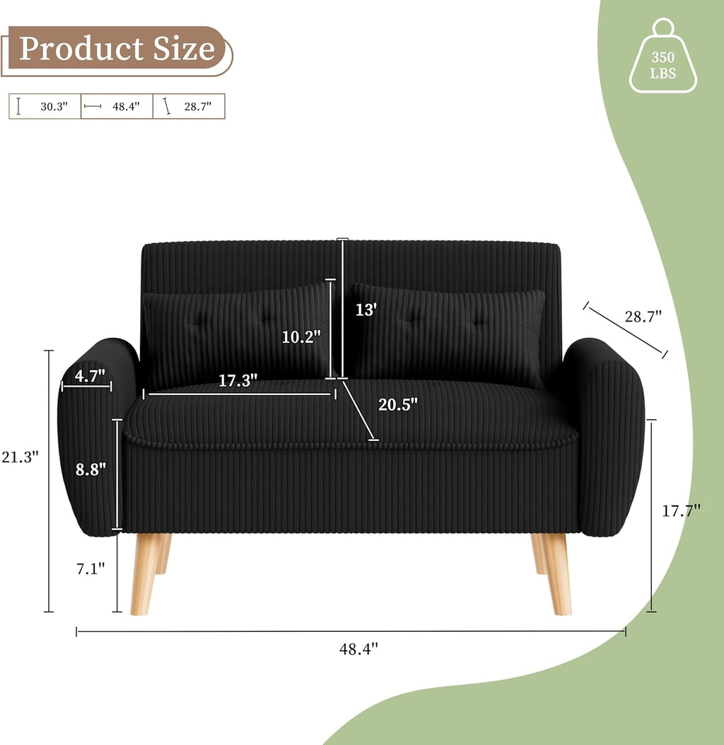 Vongrasig 48" Small Modern Loveseat Sofa, Mid Century Soft Corduroy Fabric 2-Seat Sofa Couch Tufted Love Seat with Back Cushions and Tapered Legs for Living Room, Bedroom and Small Space (Black)