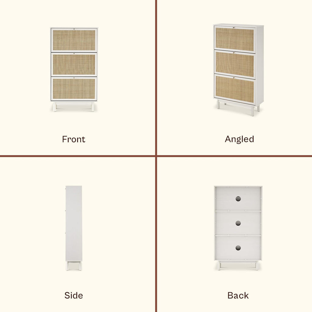 mopio Hannah Shoe Cabinet, Natural Rattan Farmhouse Shoe Storage Organizer, 3 Door Closet Rack for Entryway, Spacious Hallway Storage Cabinet with Doors & Shelves, Sturdy Solid Wood Legs (Whitewash)