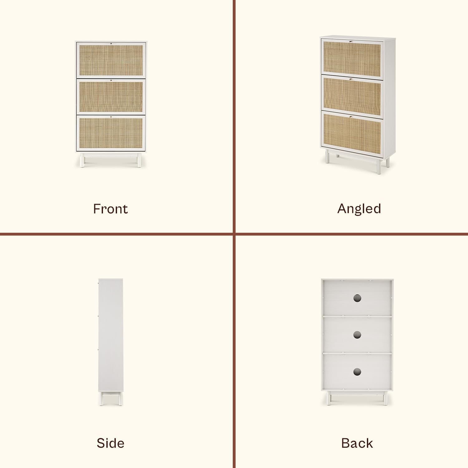 mopio Hannah Shoe Cabinet, Natural Rattan Farmhouse Shoe Storage Organizer, 3 Door Closet Rack for Entryway, Spacious Hallway Storage Cabinet with Doors & Shelves, Sturdy Solid Wood Legs (Whitewash)