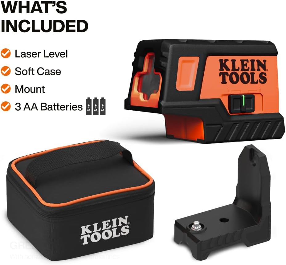 Klein Tools 93MCLPG Compact Self-Leveling Laser Level with Plumb Spot, Bright Green Cross Line, 75-Foot Range, Laser Class 2, Power Output