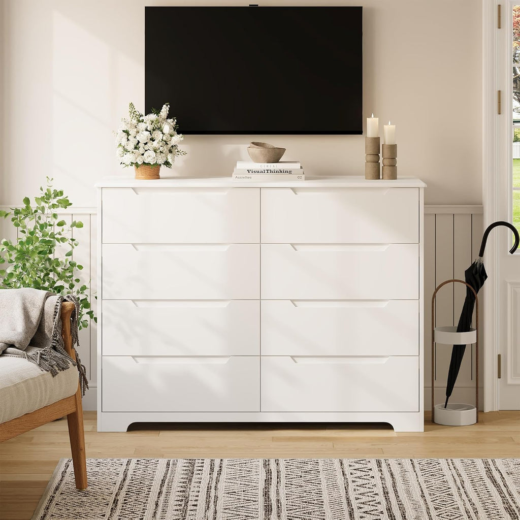 Gizoon 8 Drawer Dresser, 47" Wide White Dresser for Bedroom with Cut-Out Handles, Modern Wooden Chest of Drawers with Anti-Tip Kit, for Living Room, Hallway, Entryway, Home Office