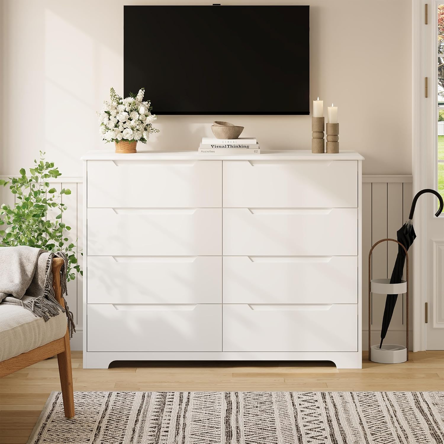 Gizoon 8 Drawer Dresser, 47" Wide White Dresser for Bedroom with Cut-Out Handles, Modern Wooden Chest of Drawers with Anti-Tip Kit, for Living Room, Hallway, Entryway, Home Office