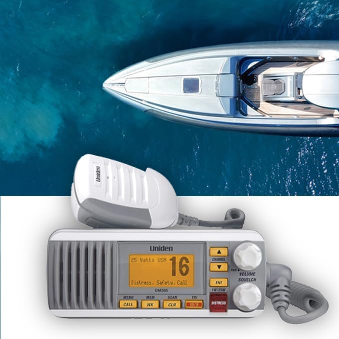 Uniden UM385 25 Watt Fixed Mount Marine Vhf Radio  Waterproof IPX4 with Triple Watch  Dsc  Emergency/Noaa Weather Alert  All Usa/International/Canadian Marine Channels  Memory Channel Scan  White
