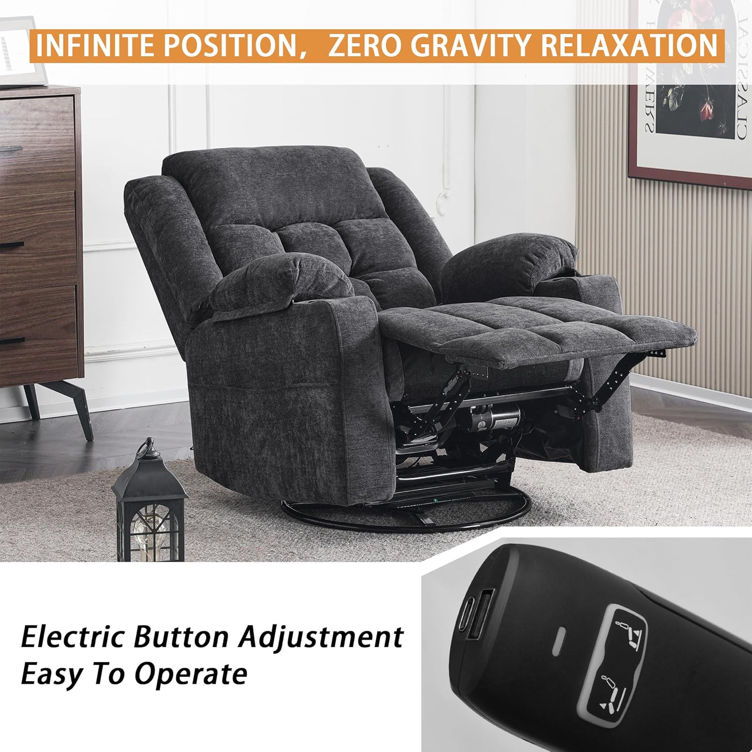 Power Swivel Rocker Recliner Chair for Adults with Massage and Heat, USB and Type-C Ports, Infinite Position, Electric Glider Reclining Single Sofa Chair for Living Room (Dark Grey Fabric)