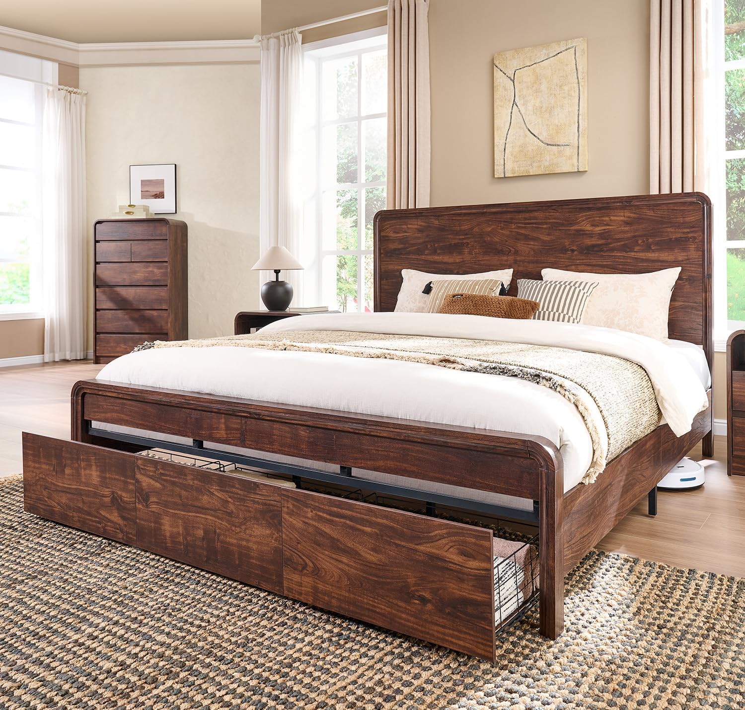 Modern King Size Bed Frame with 50" Tall Headboard, Wood King Size Platform Bed Frame w/3 Storage Drawers, Curved Profile Design, No Box Spring Needed, Easy Assembly, Noise Free, Dark Walnut