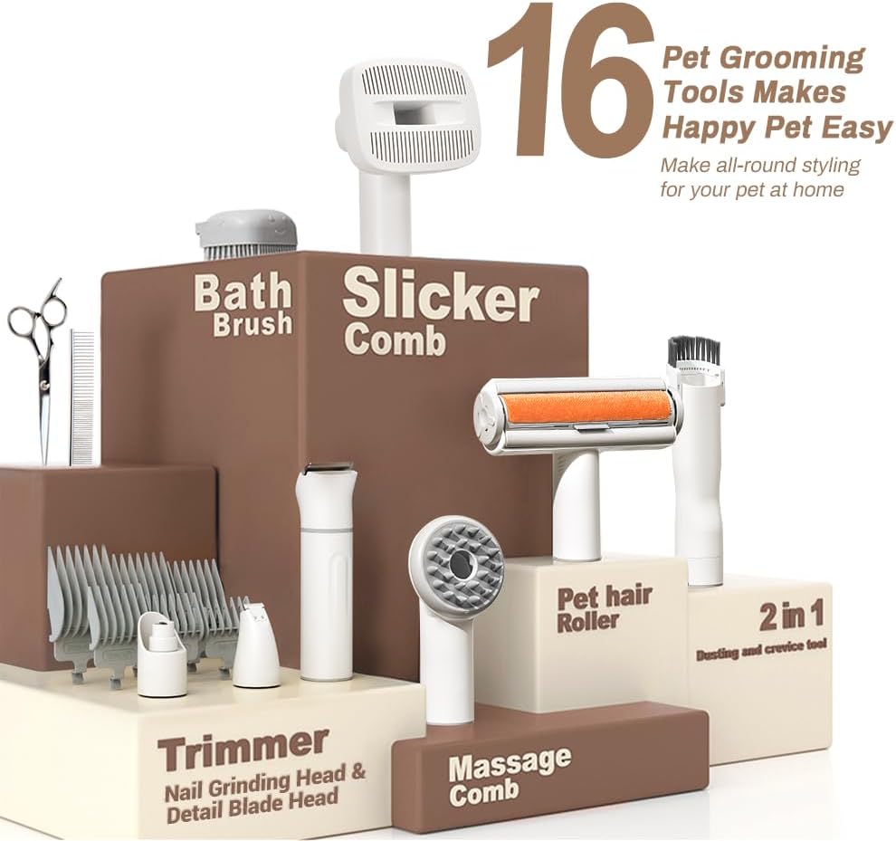 Bunfly Dog Grooming Kit & Dog Hair Vacuum, 3L Large Capacity Dust Cup,13,000KPa Powerful Suction, 99% Pet Hair Removal, 16 Grooming Tools for Dogs, Cats & More, Home Cleaning - Brown