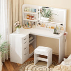 YESHOMY Vanity Desk with Lights and Mirror, L Shaped Makeup Table, Dresser with Hairdryer Holder and Power Outlet, Adjustable 3 Lighting Modes, 5 Drawers and Adjustabled Open Storage Shelves, White